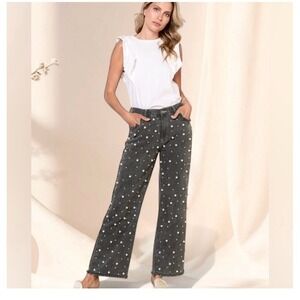 POL The Pearl Drop Jeans Distressed Straight Leg Beaded Denim Gray Medium EUC Ve